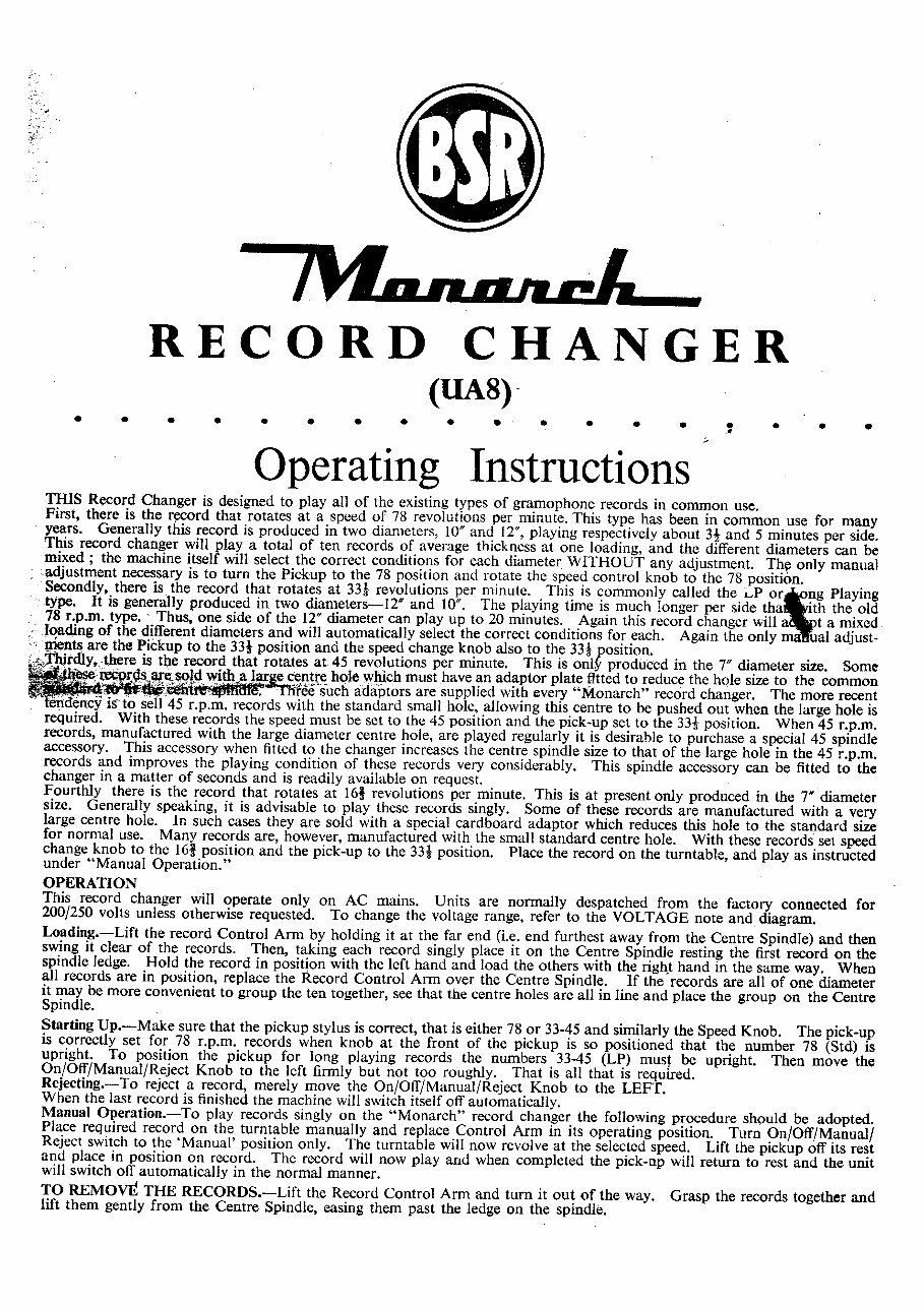 Service Manual BSR MONARCH UA8 RECORD CHANGER preview img 1