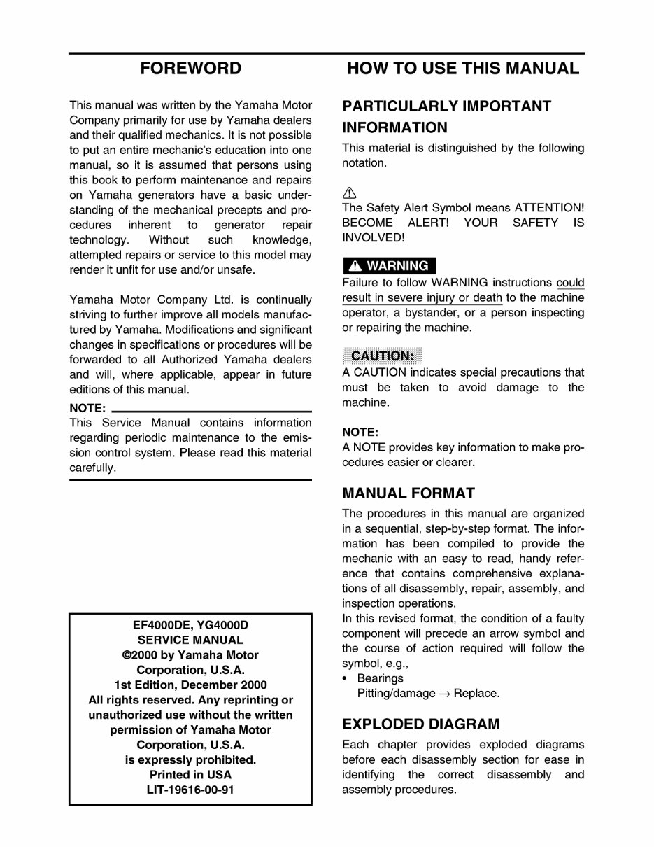 Yamaha Power Generator EF4000 EF4000E, EF4600 EF4600D EF4600E, EF5500, EF5500E, EF6600 EF6600E EF6600DE Workshop Service Repair preview img 2