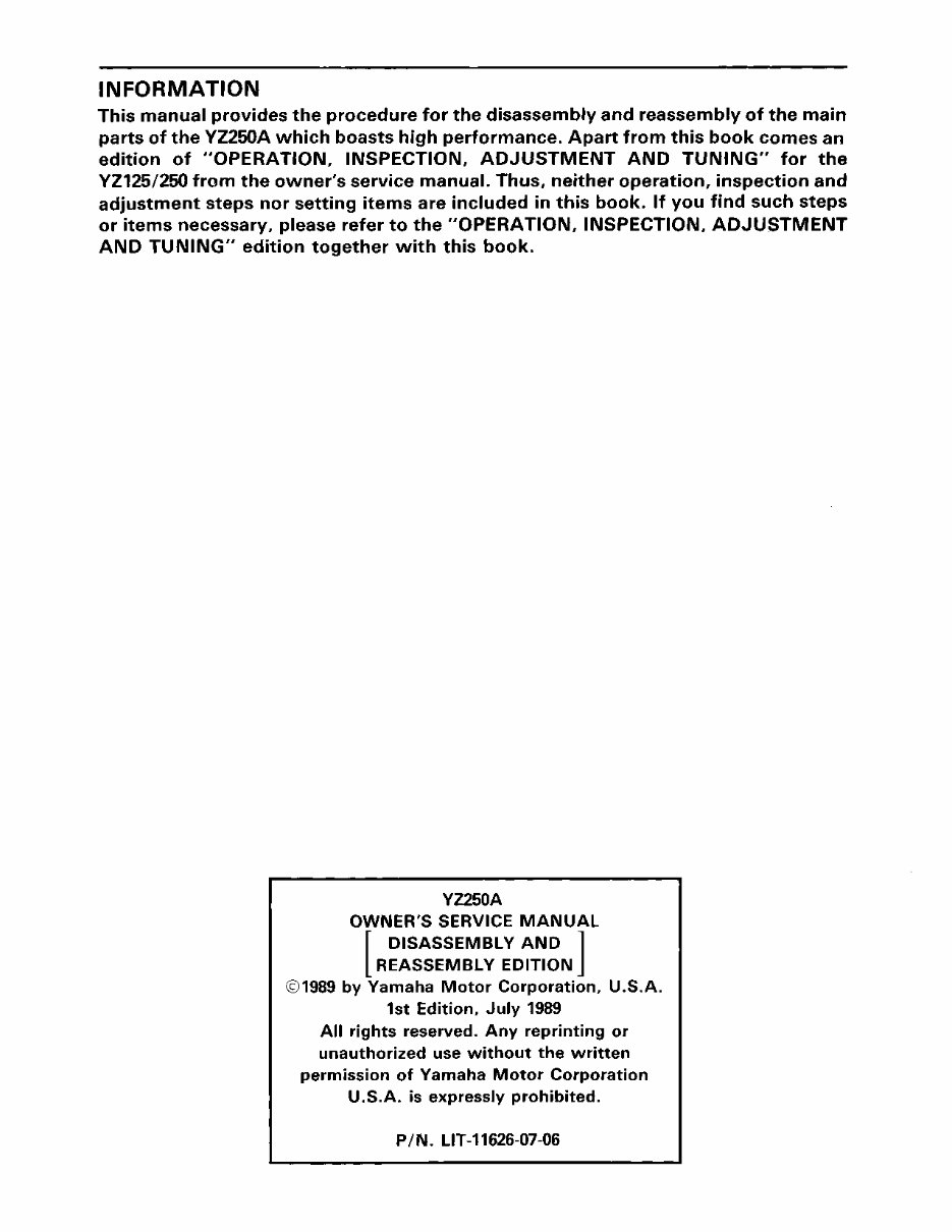  Now Yamaha YZ250 YZ 250 1990 90 2-STROKE Service Repair Workshop Manual preview img 2