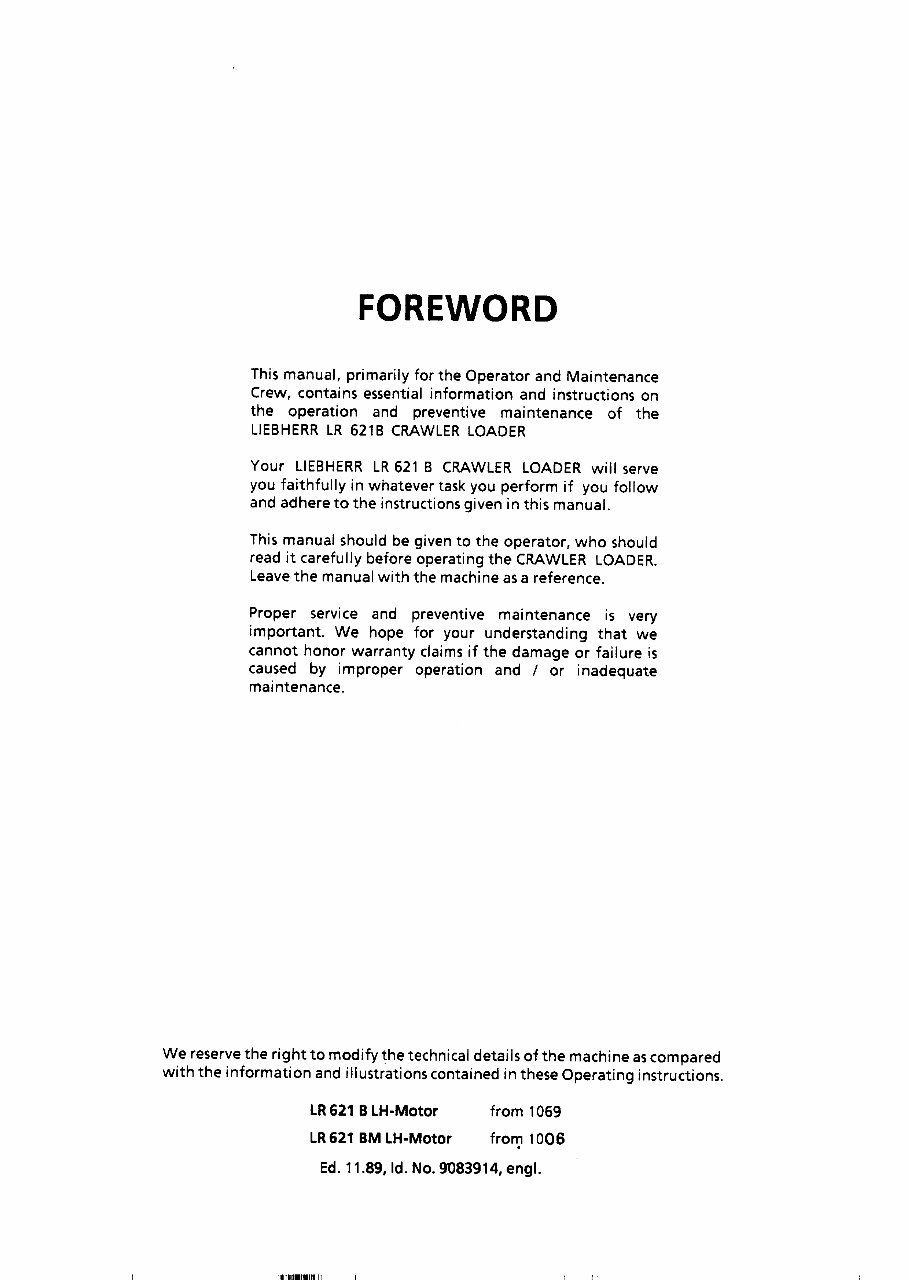 Liebherr LR621- B Crawler Loader Operation & Maintenance Manual ( From Serial Number: 1069,1006) preview img 3