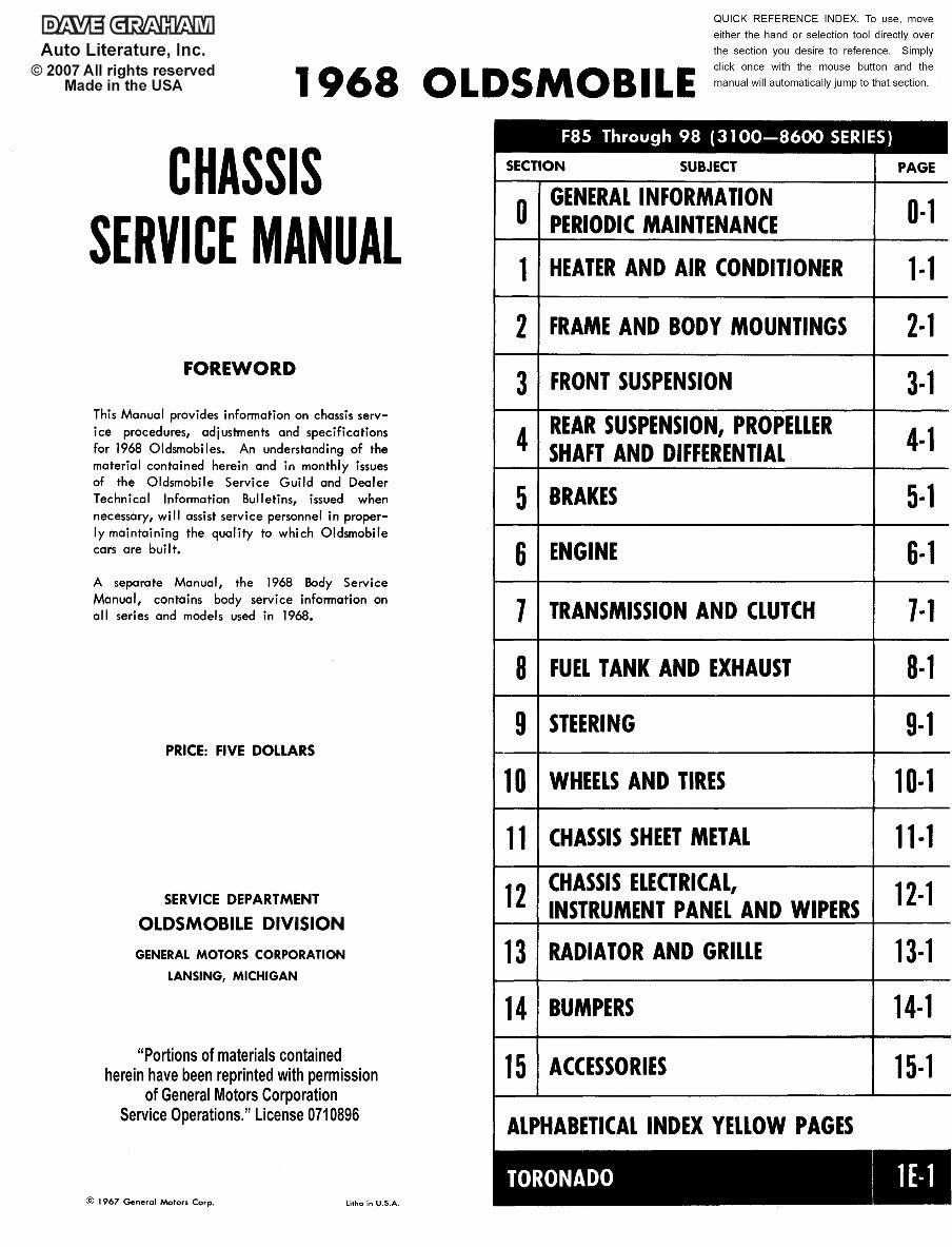 1968 Oldsmobile Chassis Service Manual 442 Cutlass Supreme Holiday F-85 Vista Cruiser Delmont Delta 88 98 Toronado preview img 2