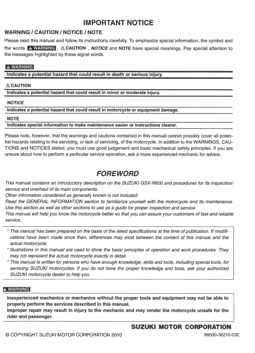 SUZUKI GSX R 600 Shop Manual 2012-2013 preview img 1