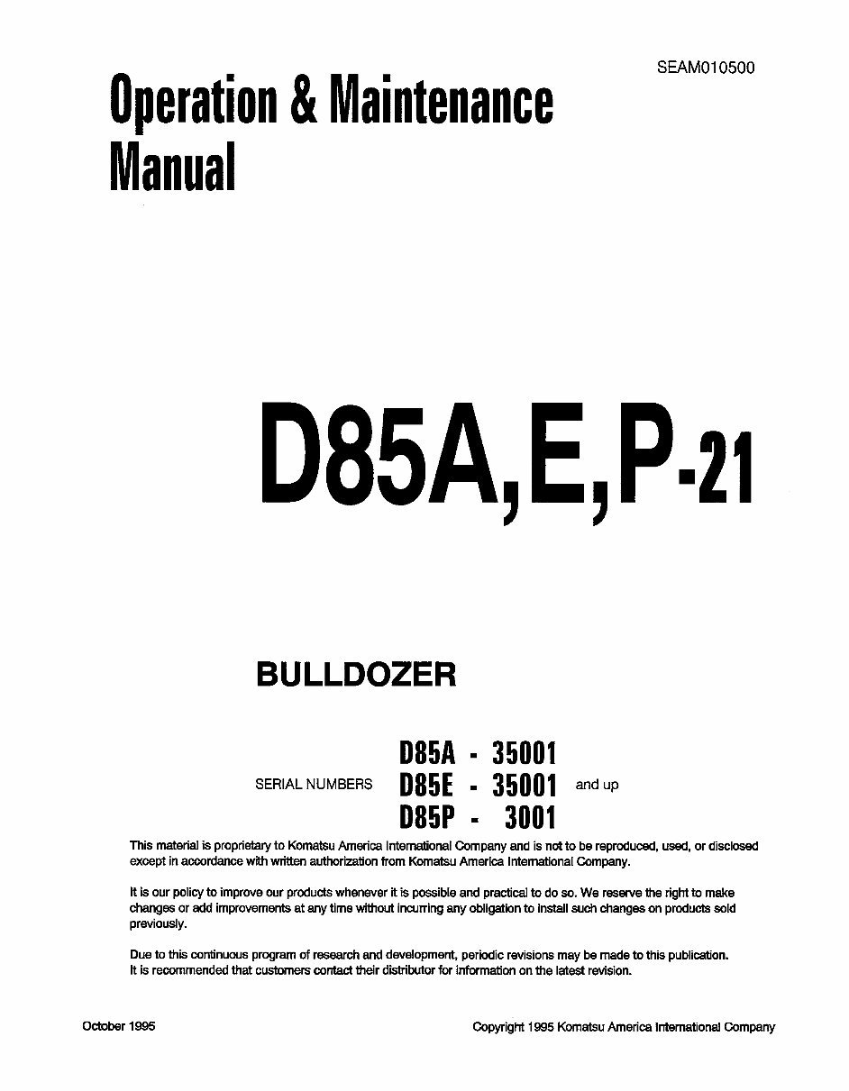 KOMATSU D85A-21, D85E-21, D85P-21 BULLDOZER Service Repair Manual + Operation & Maintenance Manual preview img 1