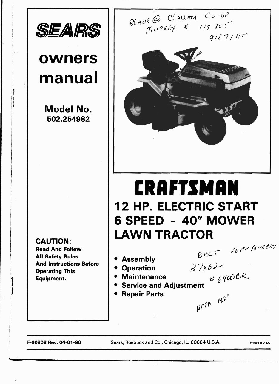 Craftsman Lawn Tractor 12HP Owners Manual eManualOnline