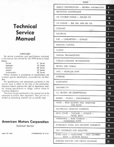 1973 AMC Hornet, Javelin, Gremlin, Matador, Ambassador Service & Repair Manual preview img 1