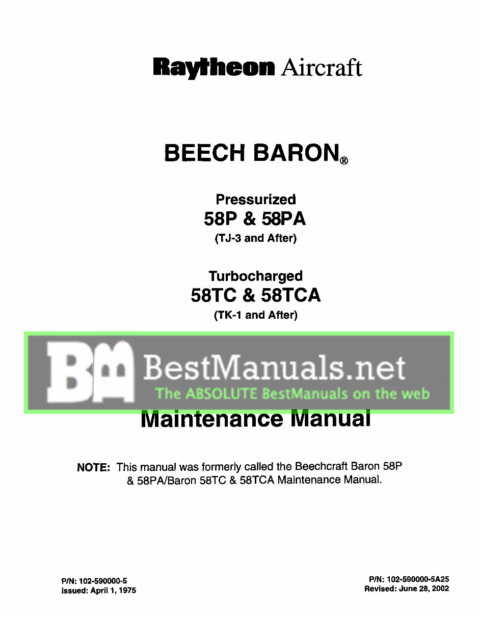 Raytheon Beech Baron 58P, 58PA, 58TC, 58TCA Aircracfts OEM Service & Repair Manual preview img 1