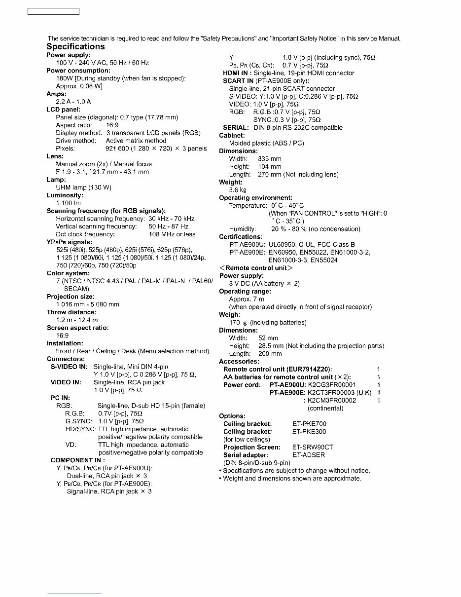 Panasonic PT-AE900 Service Manual & Repair Guide preview img 2
