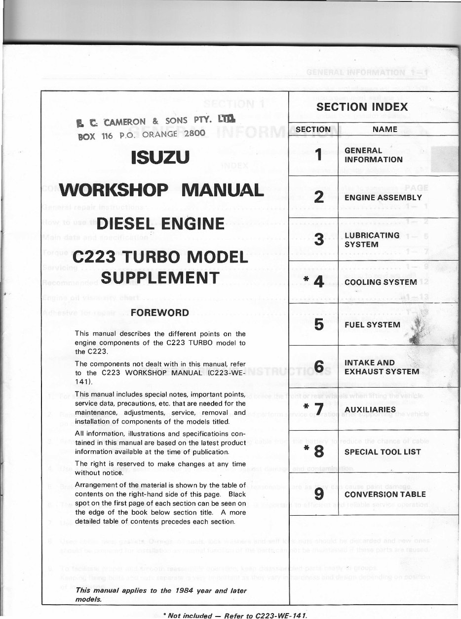1984-Onwards Isuzu C223 Turbo Engine Service & Repair Manual preview img 2