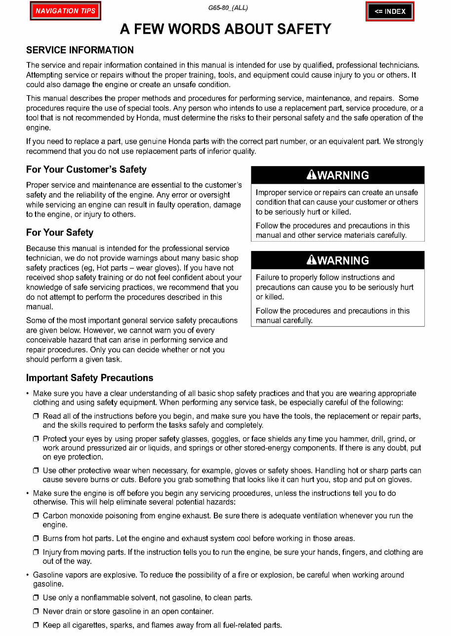 HONDA G65 G80 HORIZONTAL SHAFT Engine Repair Manual preview img 1
