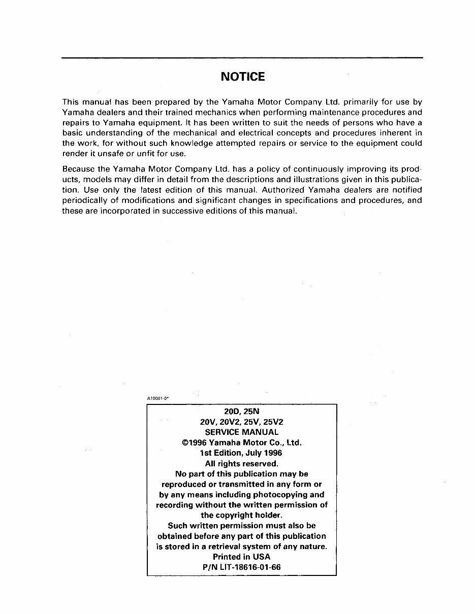 Yamaha Marine Outboards 20D 25N 20V 20V2 25V 25V2 25MSHD* Factory Service / Repair/ Workshop Manual ! preview img 2