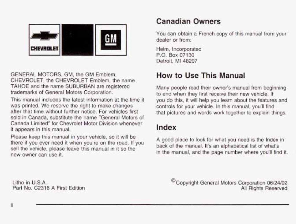 2003 CHEVY / CHEVROLET Tahoe Owners Manual preview img 3