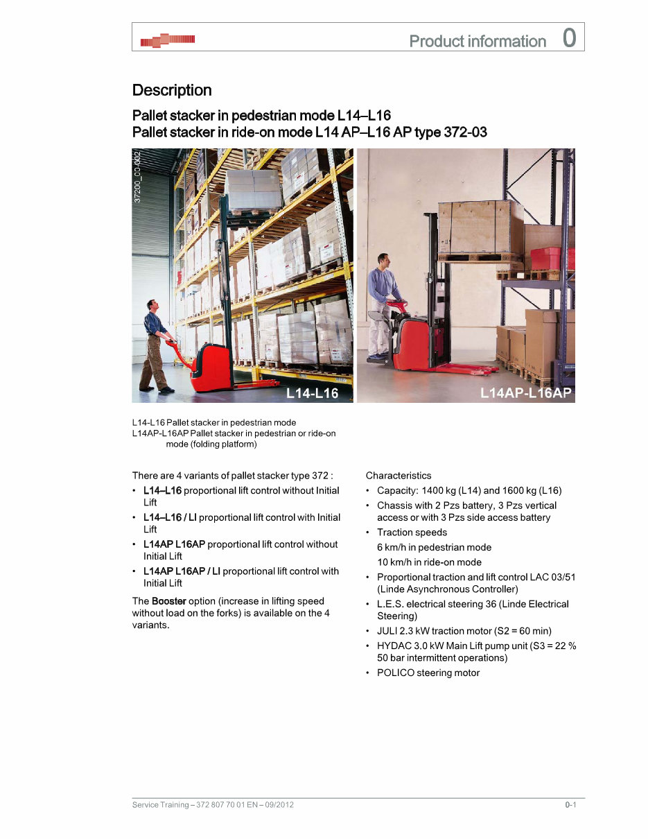 Linde Pallet Stacker Type 372: L14 , L14AP, L16 , L16AP Service Training (Workshop) Manual preview img 8