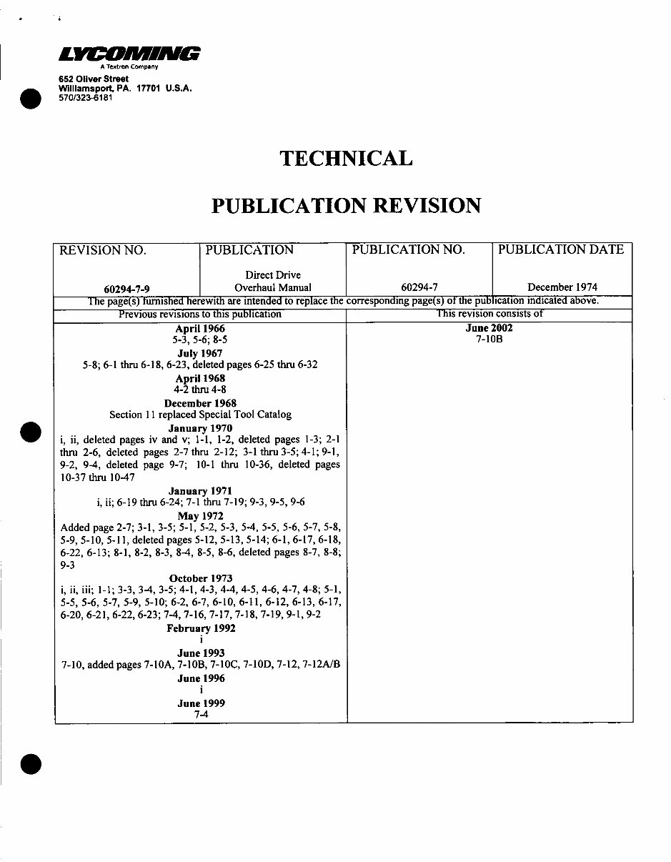 Lycoming direct drive 4 - 6 cyl overhaul manual, preview img 1