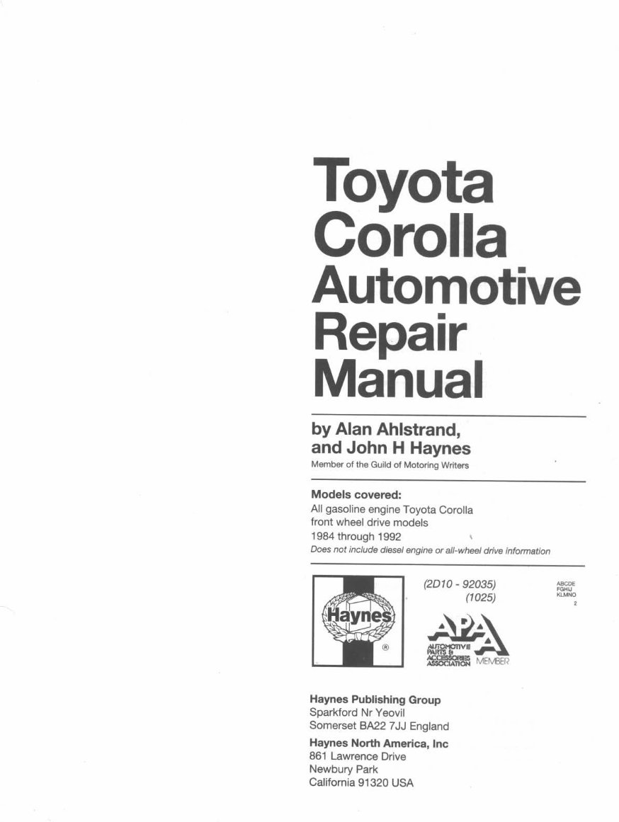 1984-1992 Toyota Corolla Service & Repair Manual preview img 2