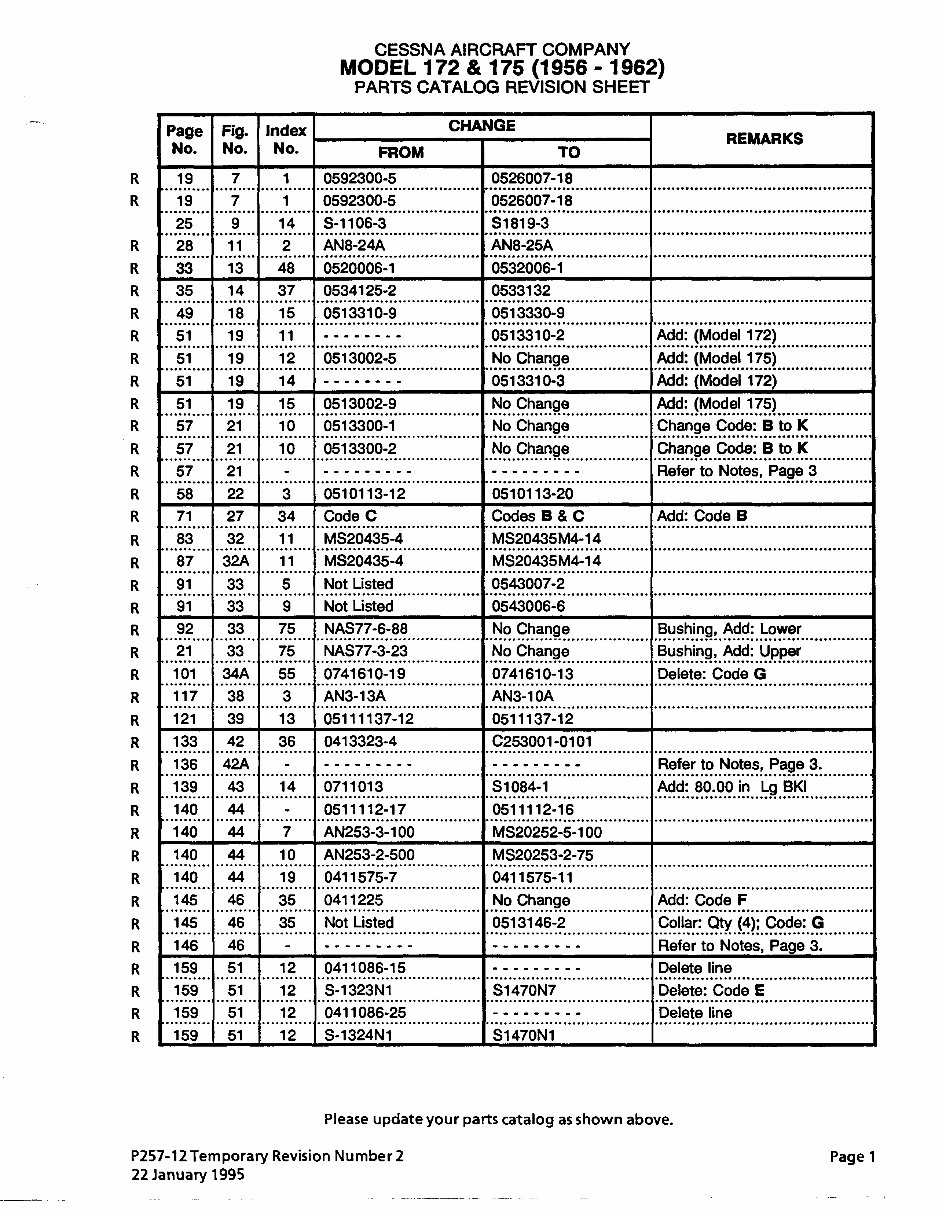 19561962 Cessna 172 & 175 Series IPC Parts Manual Catalog
