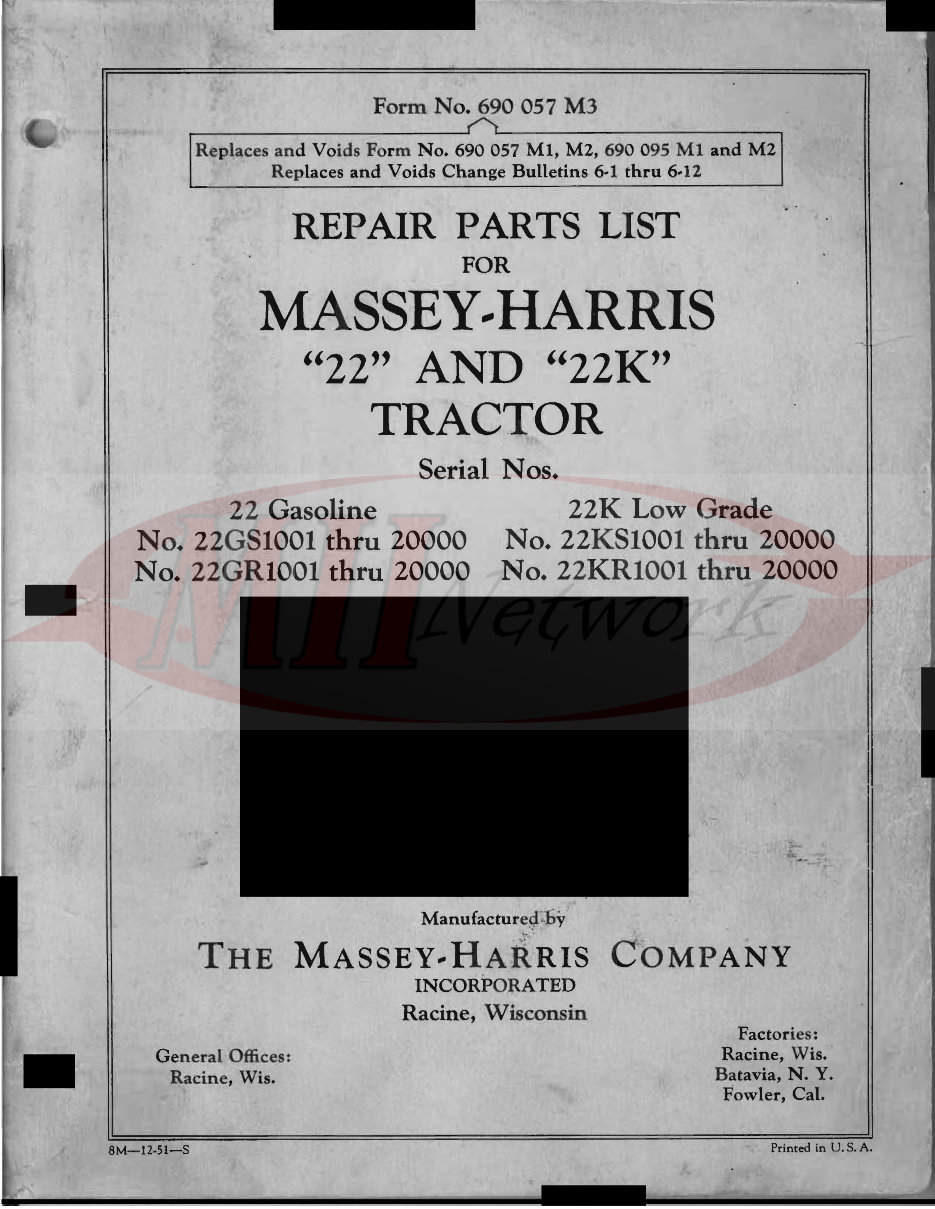 MASSEY HARRIS 22 and 22K Tractor Parts Manual 690057M3