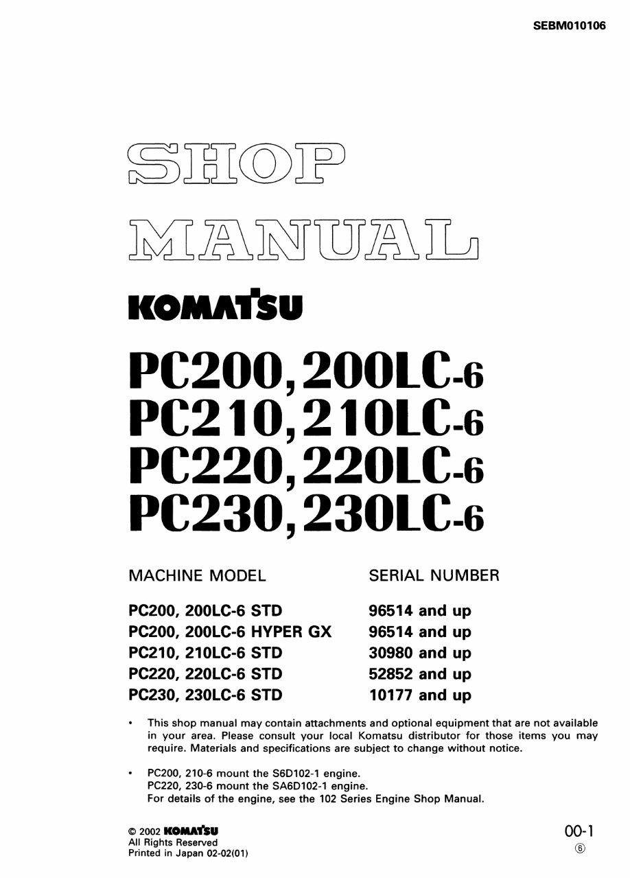 Komatsu PC200 PC200LC-6 PC200 PC200LC-6 PC210 PC210LC-6 PC220 PC220LC-6 PC230 PC230LC-6 Excavator Service Shop Repair Manual - D preview img 1