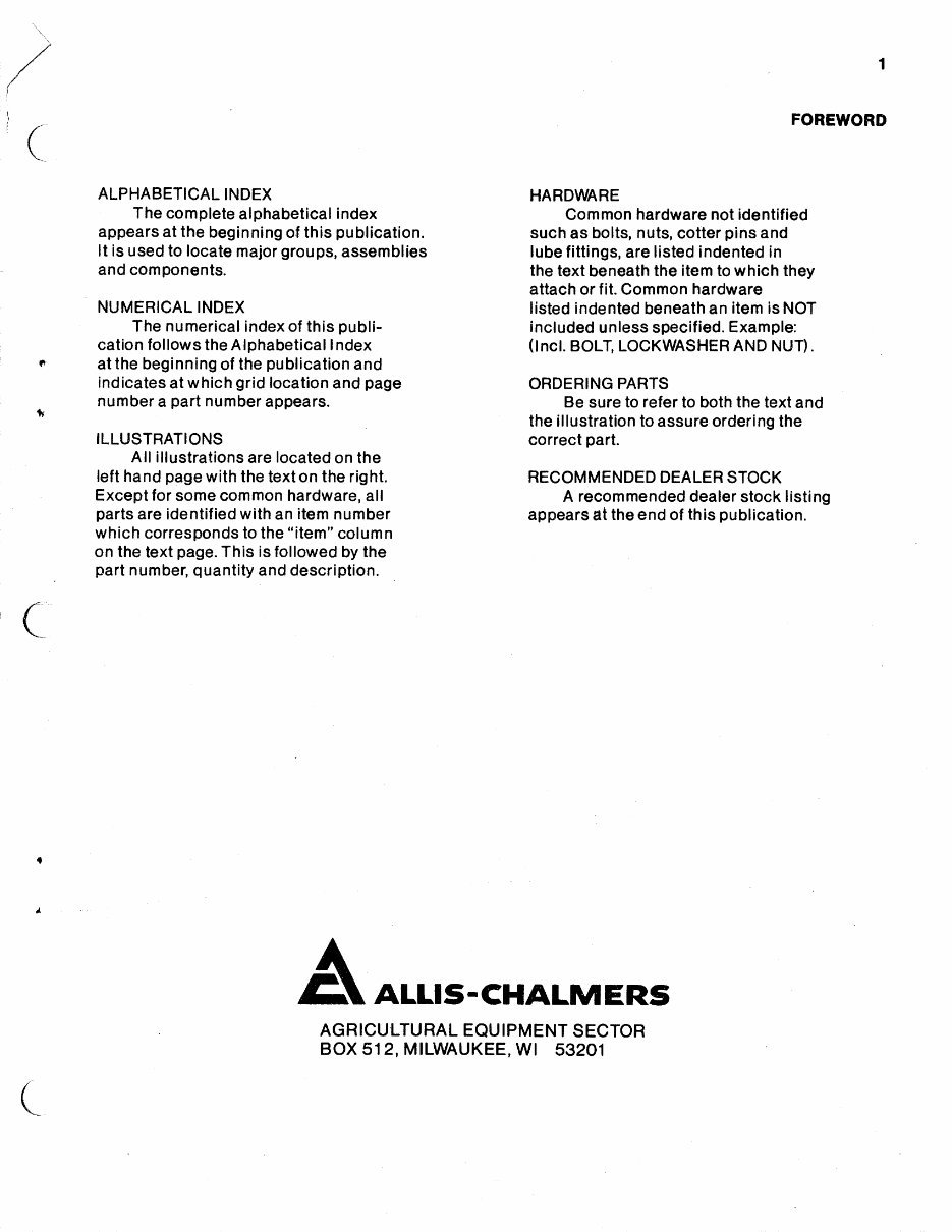 Allis Chalmers I-40/I-400 Tractors Parts Catalog preview img 2