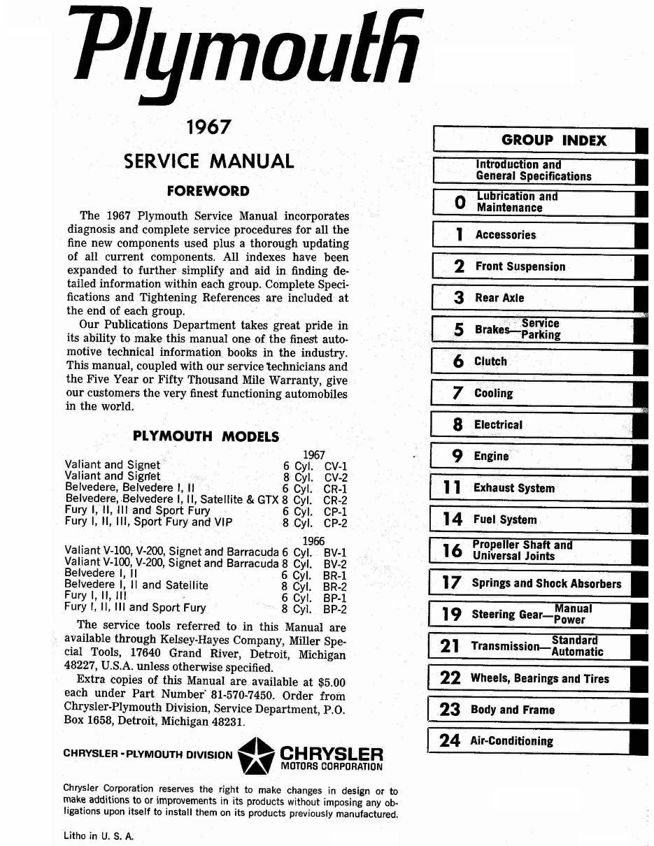 1967 Plymouth Service manual Fury Belvedere, satellite VIP preview img 2