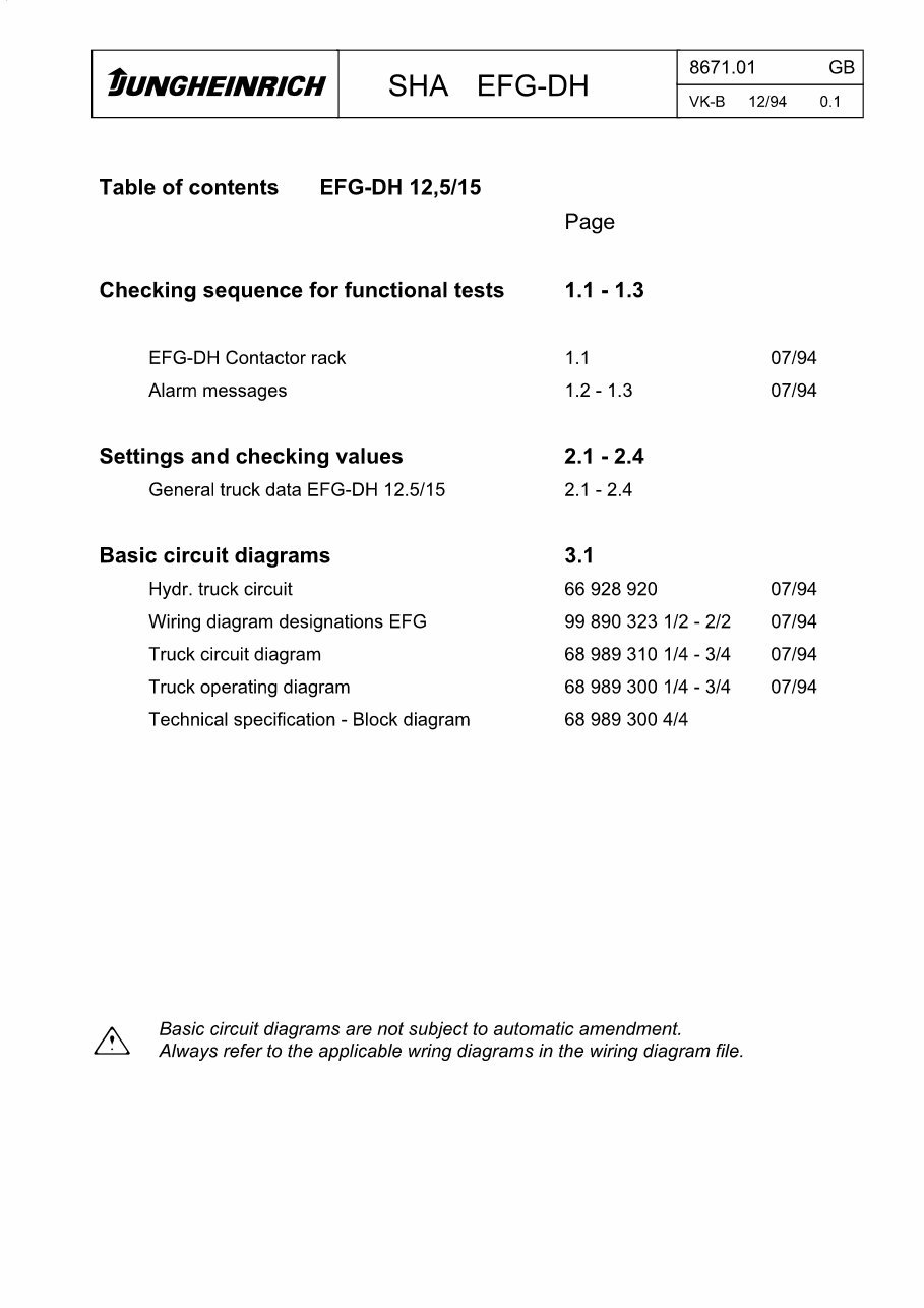 08.1994-07.1996 Jungheinrich Electric Forklift Truck EFG-DH Series: 12.5, 15A Service & Repair Manual preview img 1