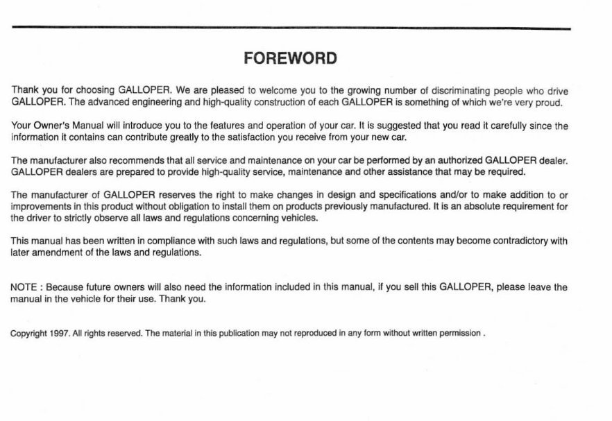 1998 Hyundai Galloper Owner's Manual preview img 2