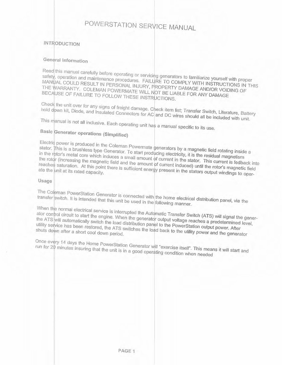 COLEMAN POWER STATION Electric Generator Service Manual preview img 3