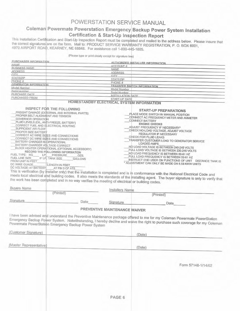 COLEMAN POWER STATION Electric Generator Service Manual preview img 8