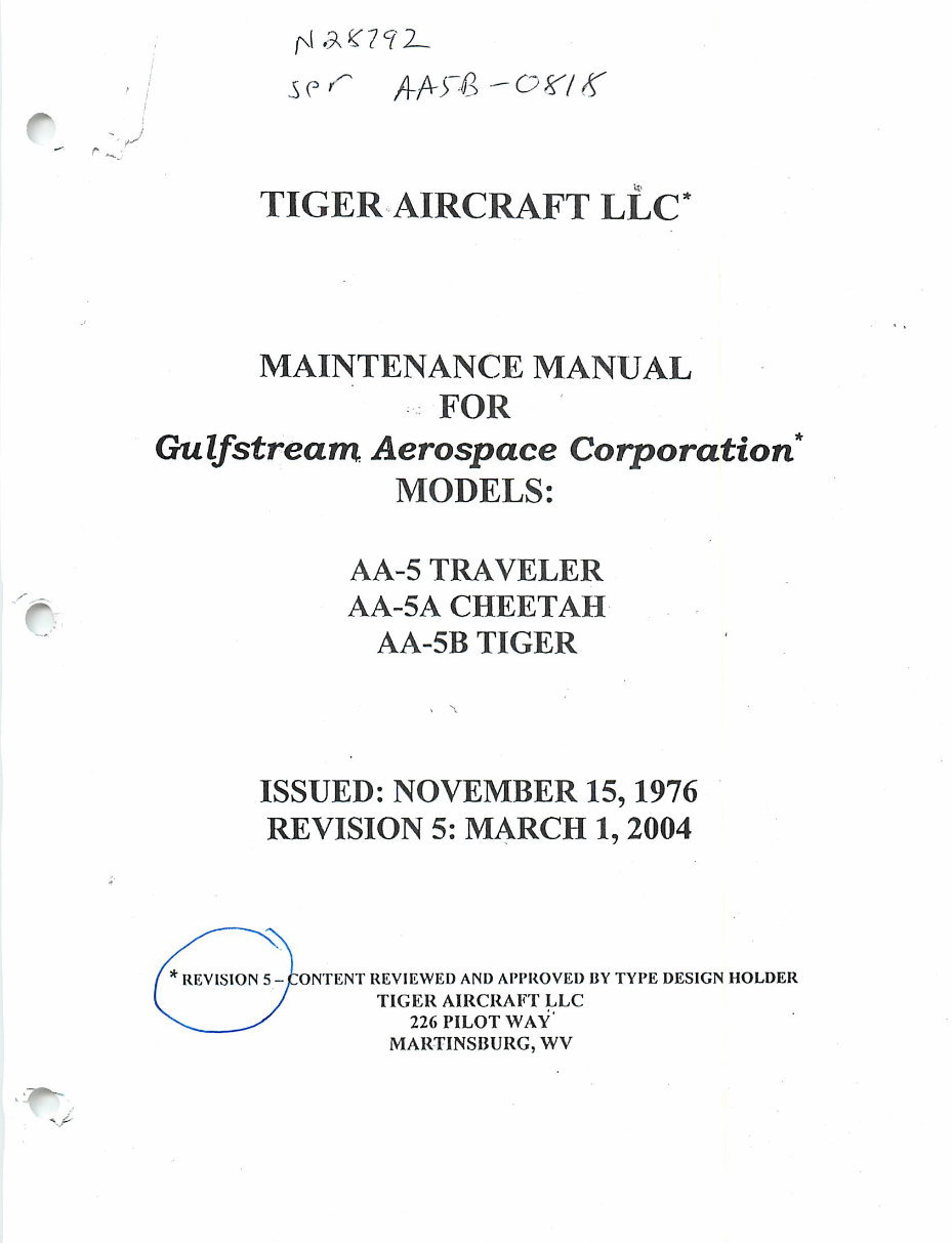 Grumman AA5 Traveler Cheetah Tiger Maintenance Manual preview img 1