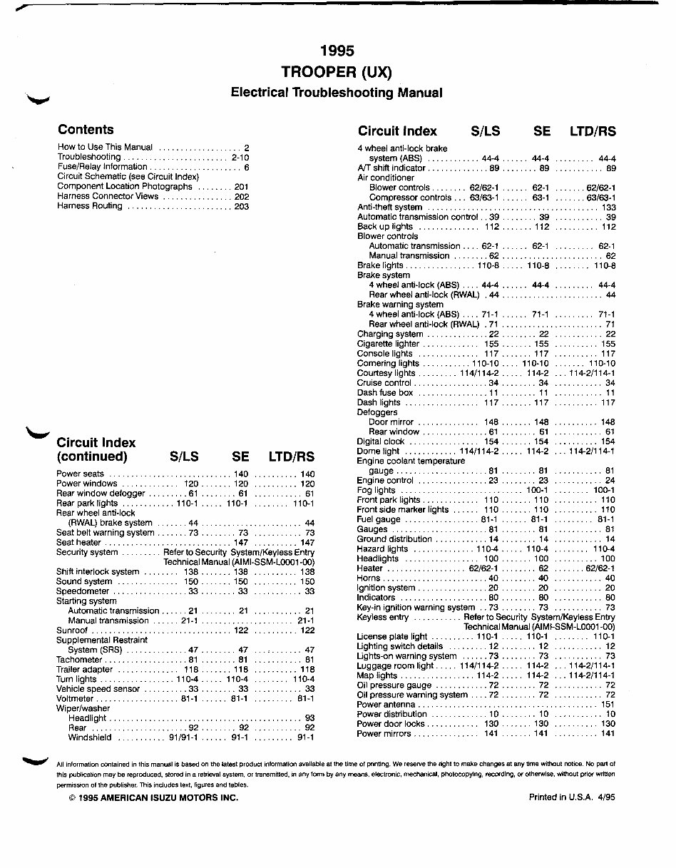 1995 ISUZU TROOPER UX Workshop Service / Repair Manual - COVERS SRS SUPPLEMENTAL RESTRAINT System 130+ Pages - !! preview img 2