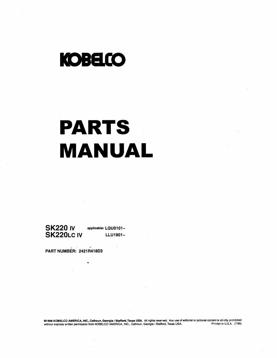 Kobelco SK220LC MARK IV Hydraulic Exavator Illustrated Parts List Manual - After Serial Number LLU1801; With CUMMINS Diesel Engi preview img 1