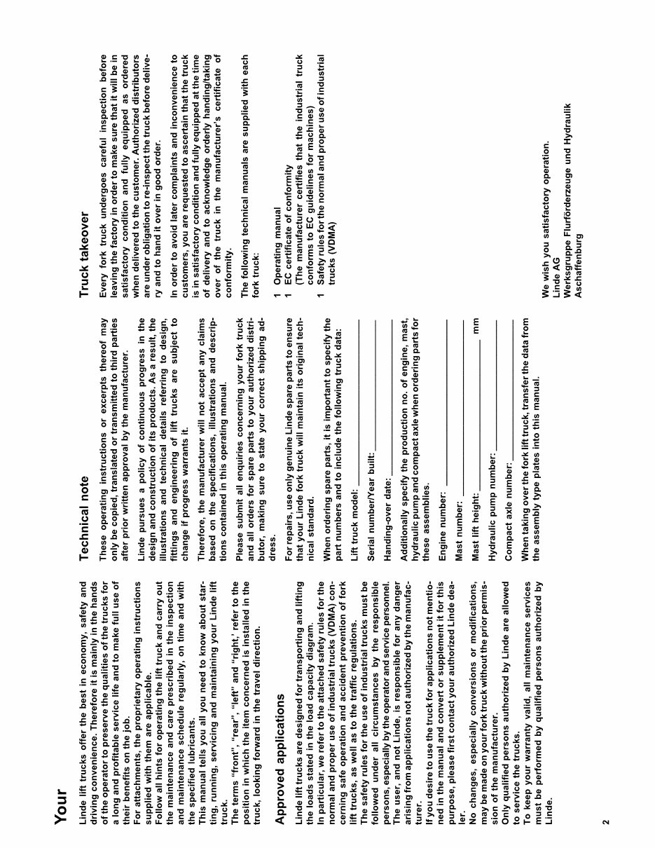Linde Diesel Forklift Truck 352 and 352-02 Series: H35, H40, H45 Operating Manual (User Manual) preview img 2