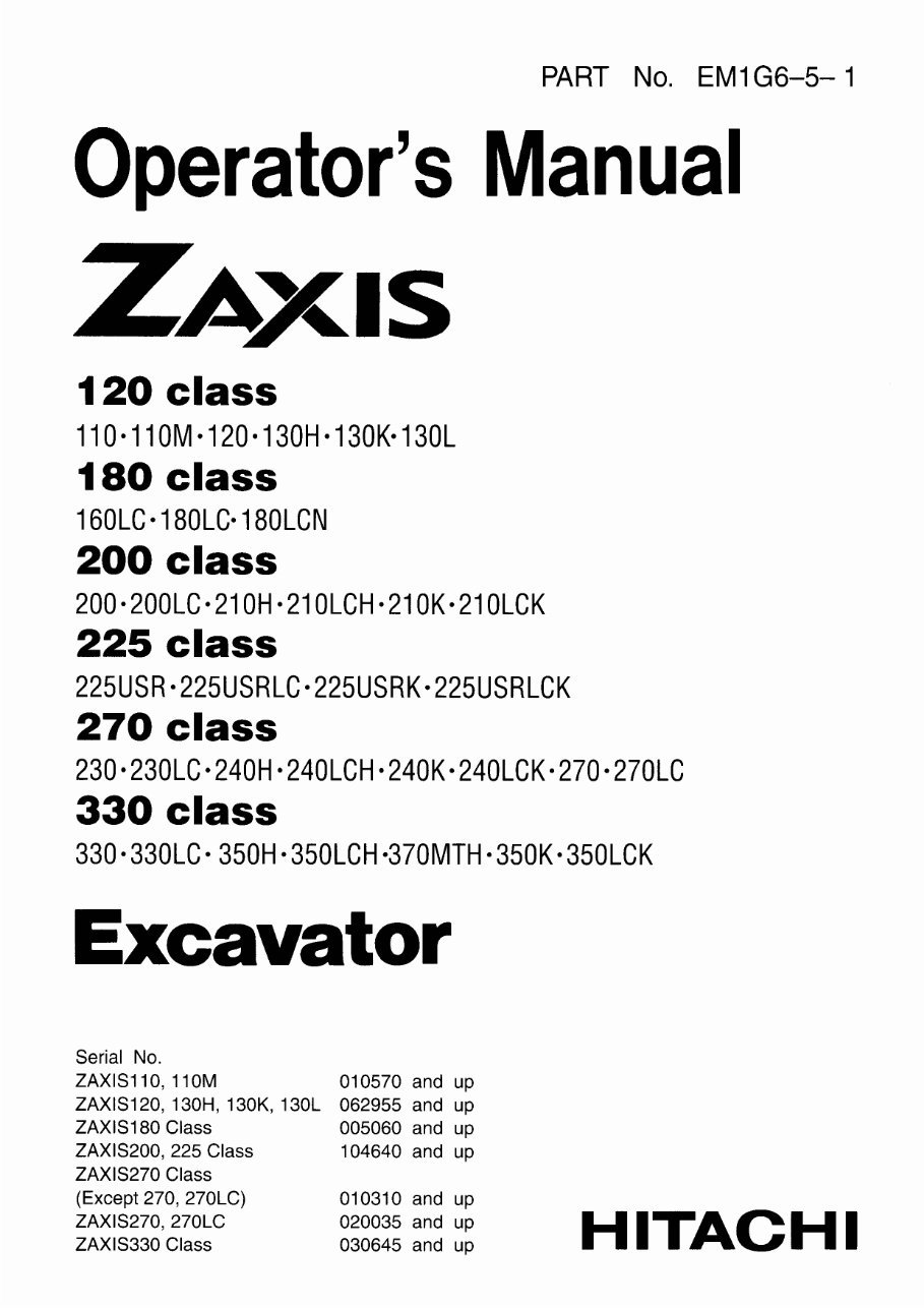HITACHI ZAXIS 120 180 200 225 270 330 Class Excavator Operator Manual preview img 1