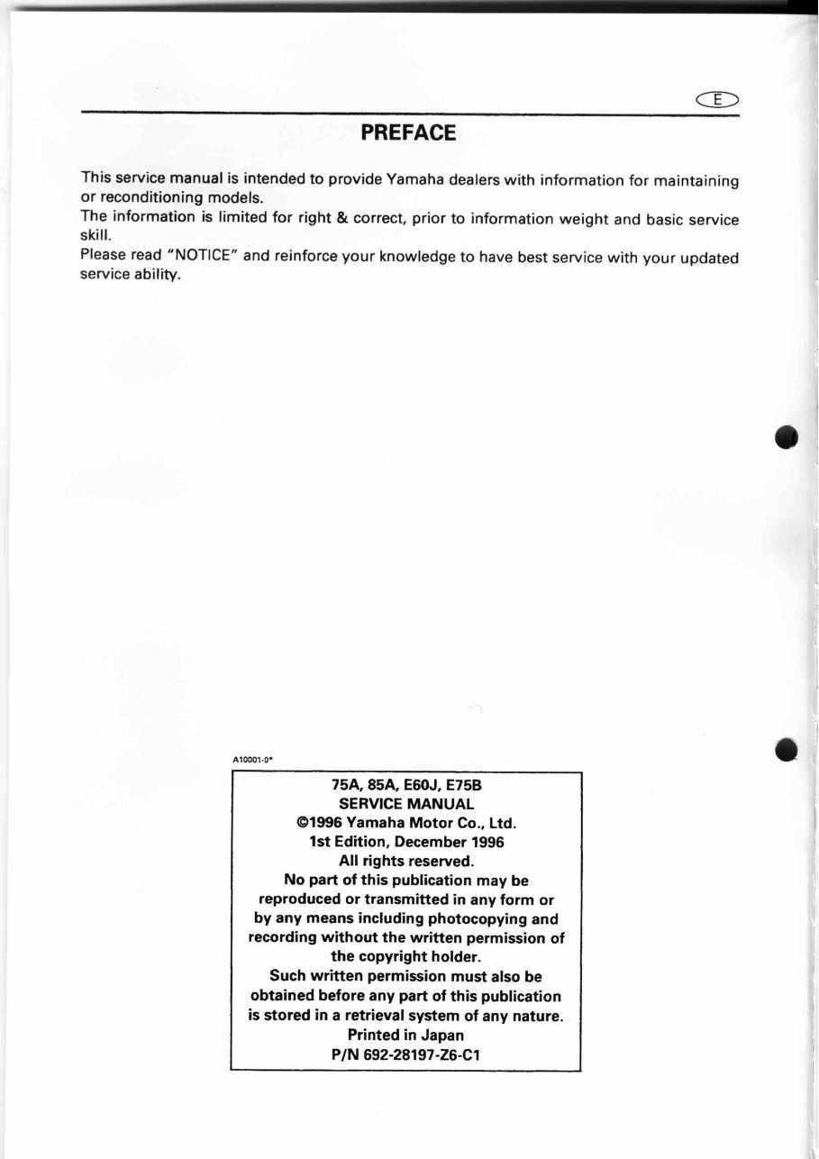 Yamaha Marine Outboard 75A, 85A, E60J, E75B Service & Repair Manual - ! preview img 2