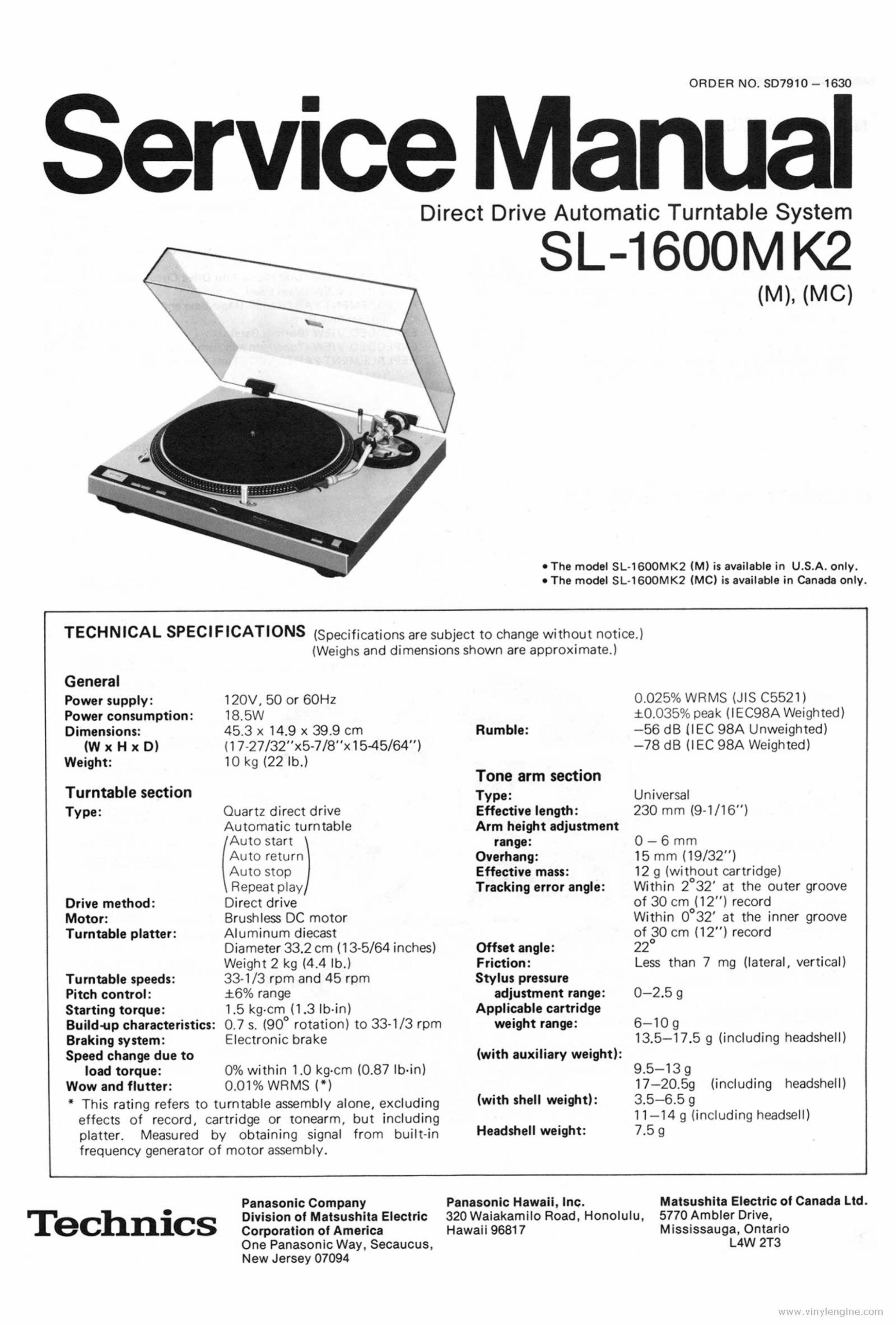 Technics SL-1600 mk2 Turntable , Service Manual & Supplement preview img 1