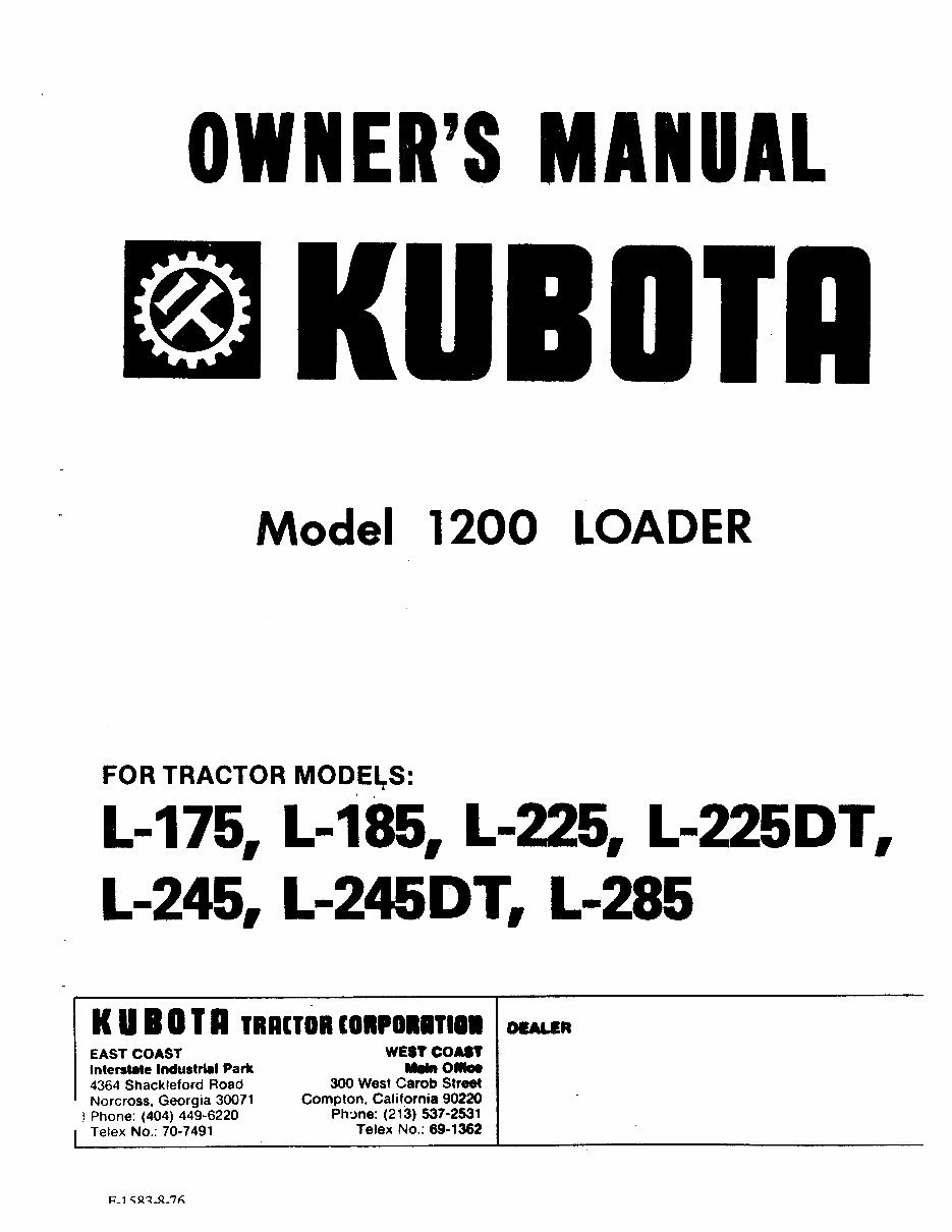 Kubota Tractors 1200 Front Loader Owners Manual preview img 1