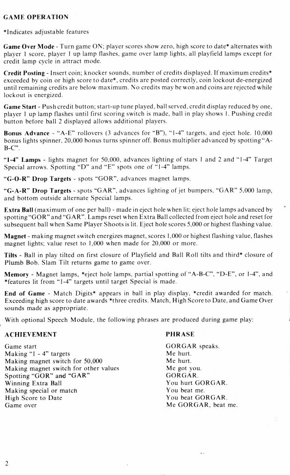 Williams Gorgar pinball machine instruction and parts manual preview img 2