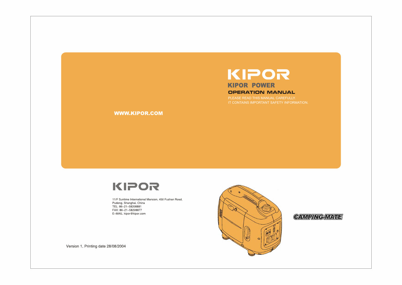 Kipor KGE2000TC generator user and parts manual preview img 1
