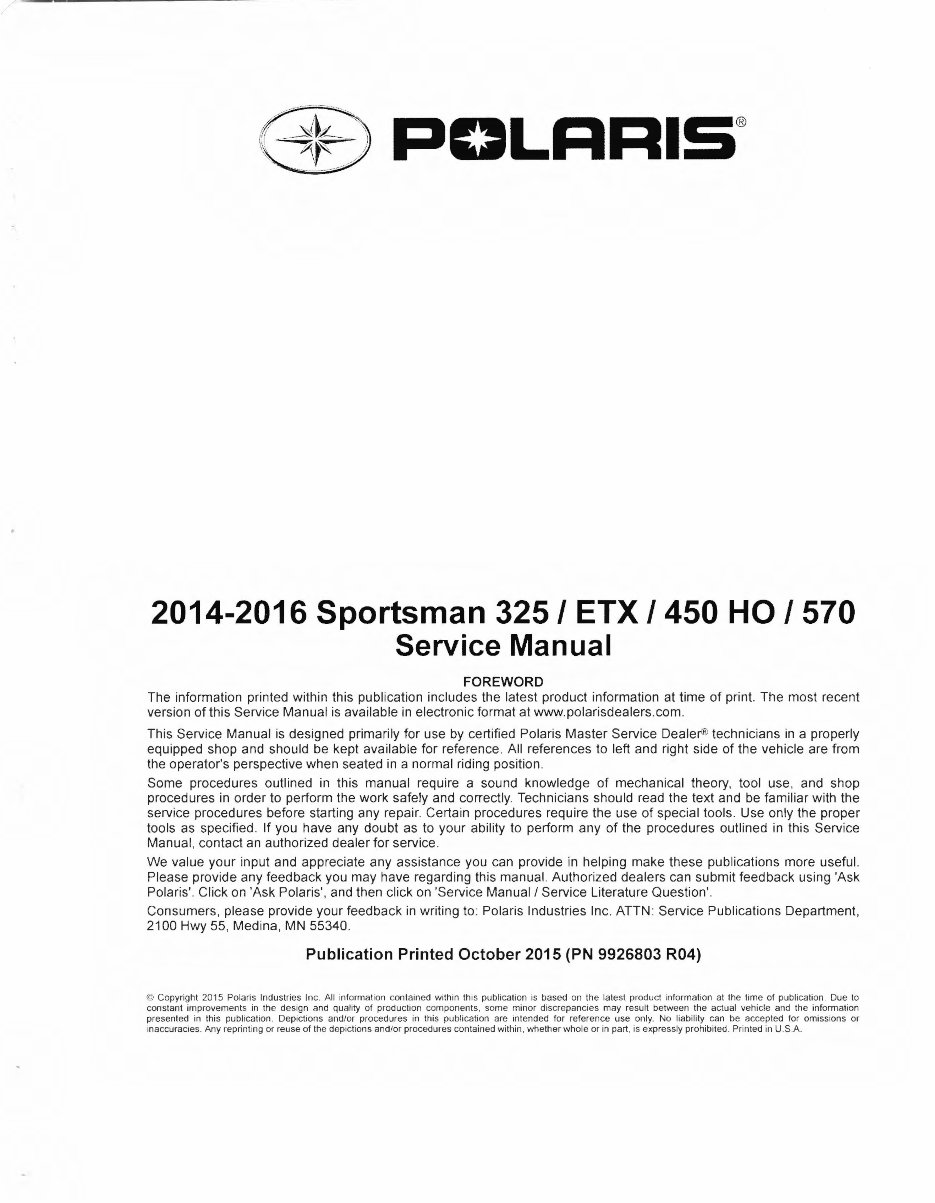 2014-2015 Polaris Sportsman 570 ATV Service & Repair Manual preview img 3
