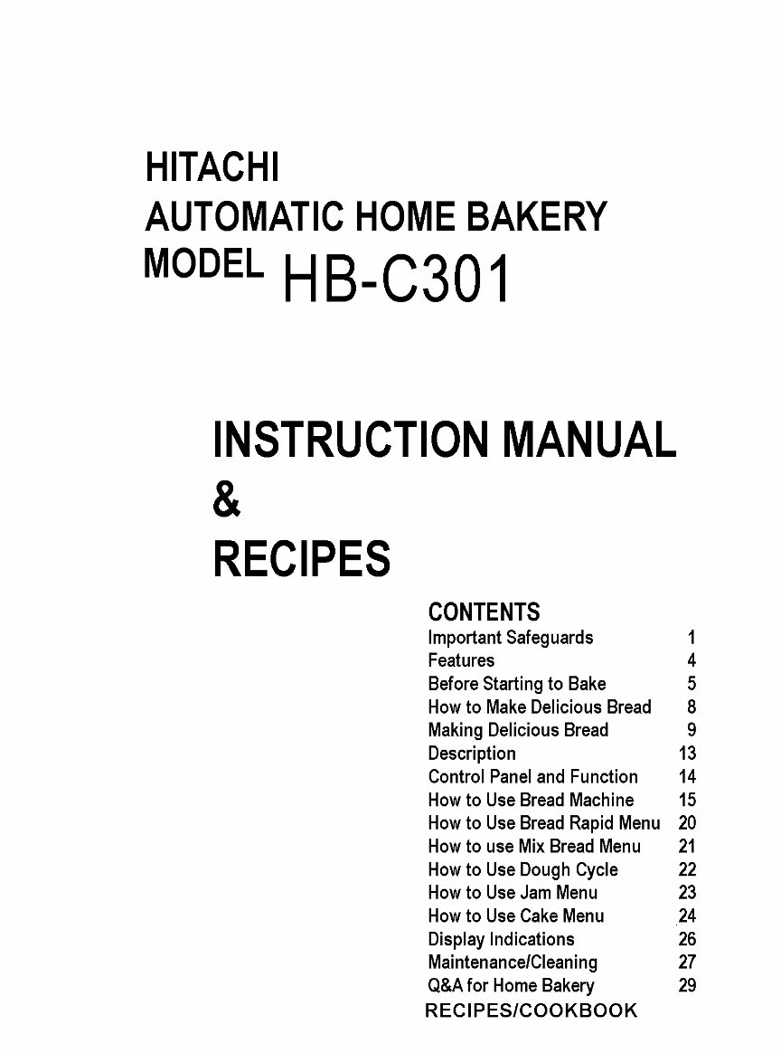 Hitachi Home Bakery Breadmaker Parts Model HBC301 Instruction Manual Recipes Cookbook preview img 1