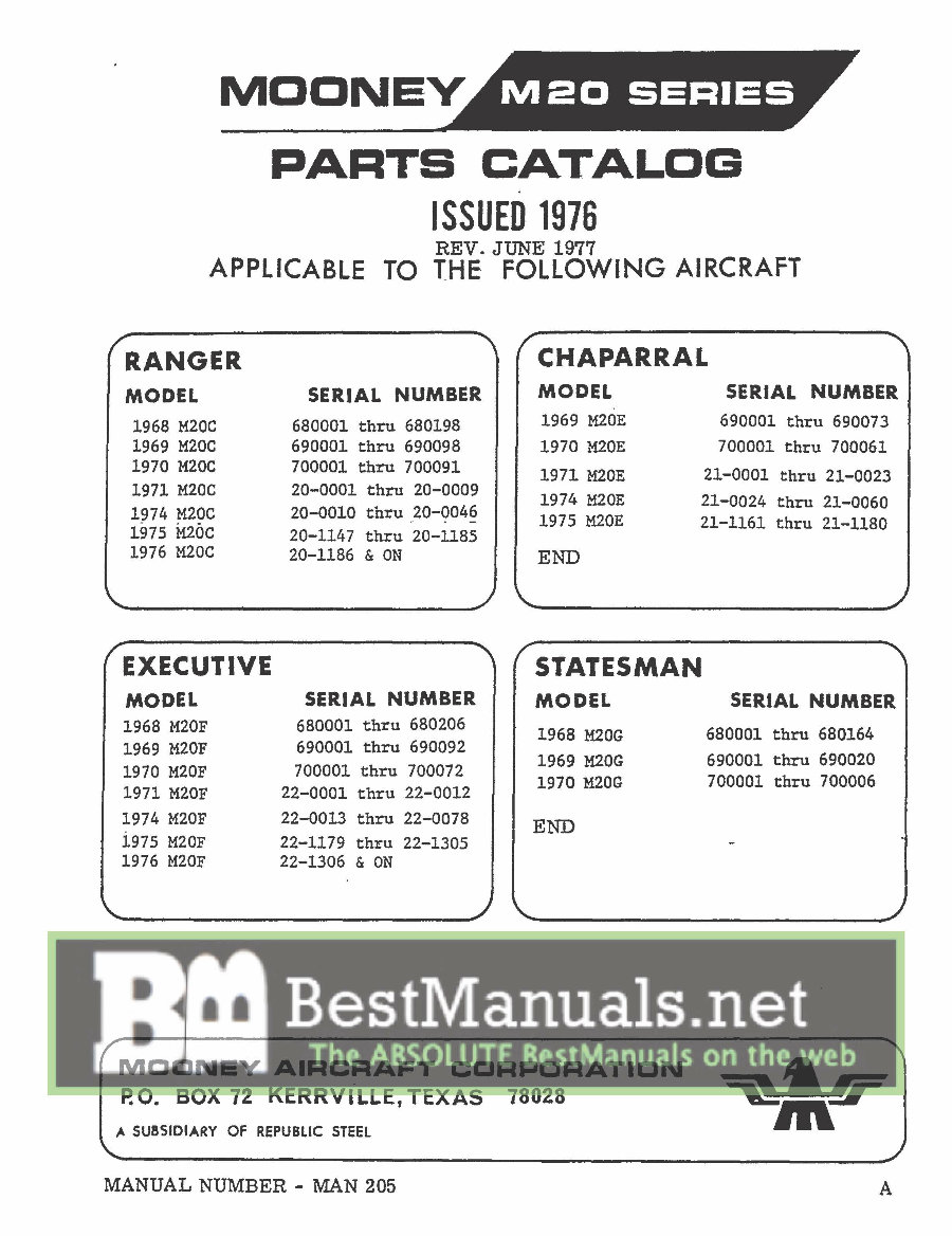 1968-1976 Mooney M20 Series M20C M20E M20F M20G Parts Catalog preview img 1