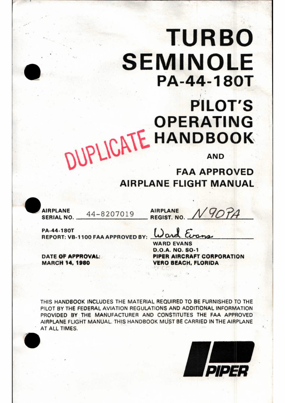 Piper PA-44 - 180T Seminole POH flight manual preview img 1