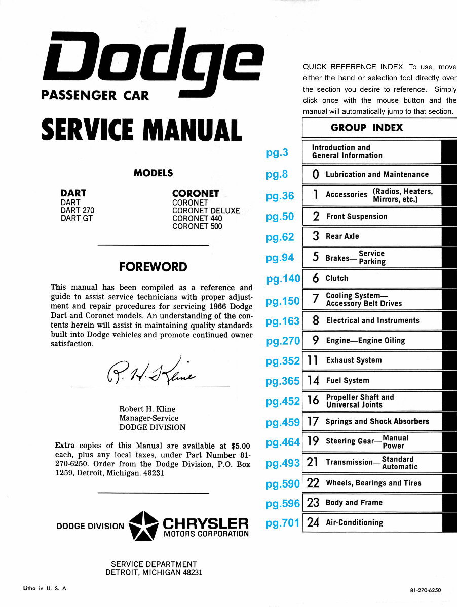 1966- Dodge Dart Coronet Service & Repair Manual preview img 2