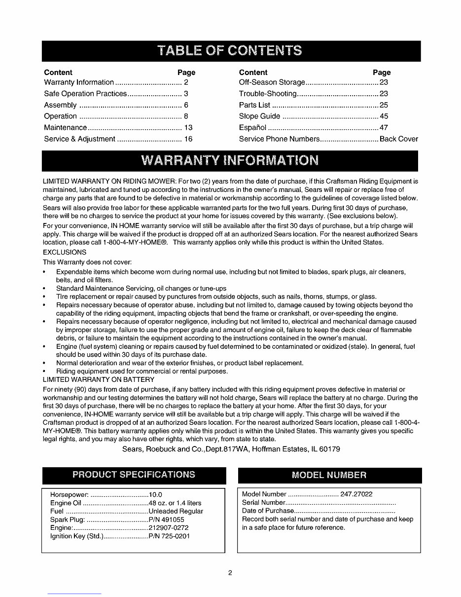 Craftsman Riding Mower (Model #247.27022) Owner's Manual preview img 2