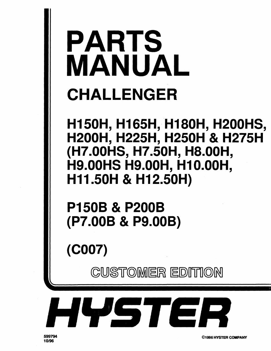 HYSTER Challenger H150H, H165H, H180H, H200HS, H200H, H225H, H250H, H275H, P150B, P200B Forklift Service Repair Manual & Parts M preview img 1