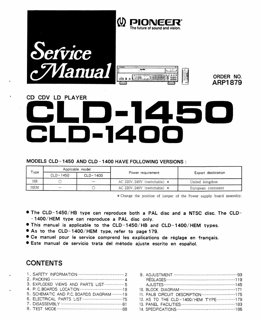 Pioneer CLD-1400 , 1450 , 1500 , Laser Disc Service Manual preview img 2