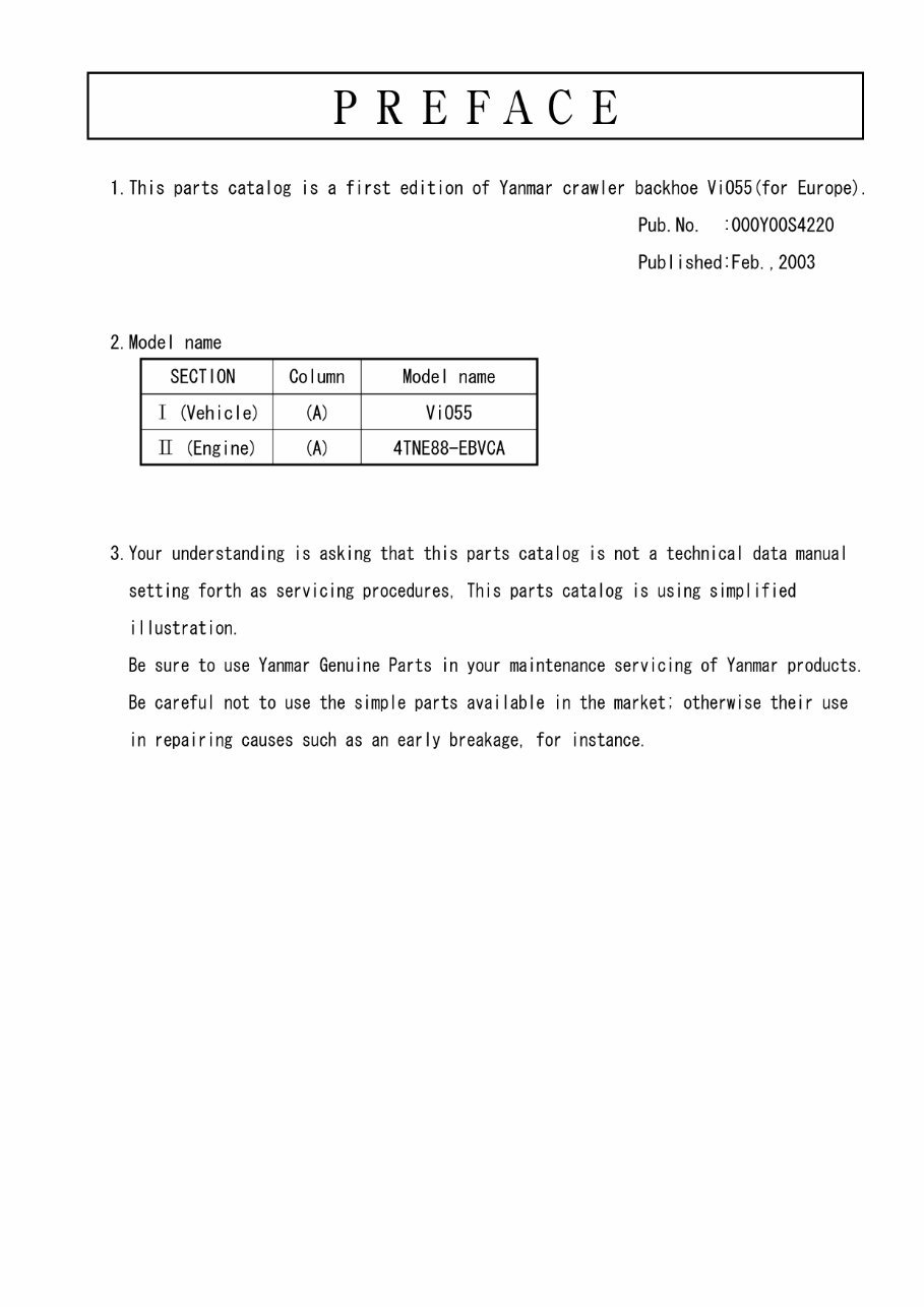 Yanmar Vio55 Crawler Backhoe Parts Catalog Manual preview img 1