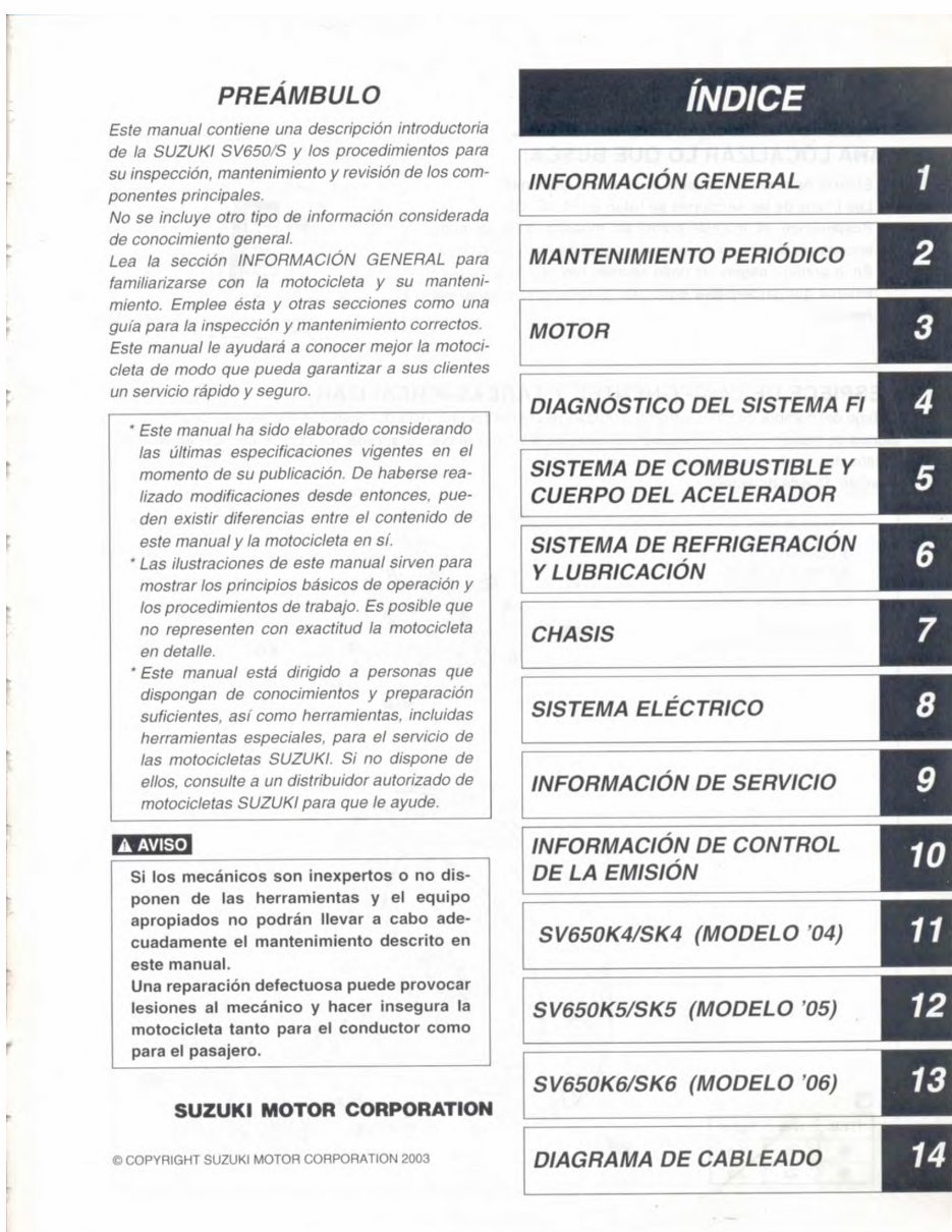 2003-2006 Suzuki SV650/SV650S Motorcycle Workshop Repair Service Manual in Spanish Language - 135mb preview img 1