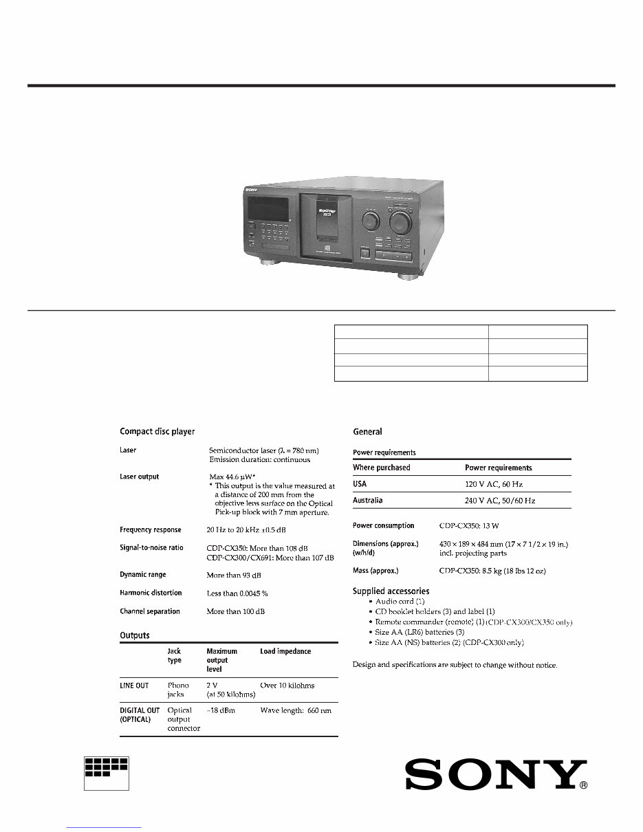 Sony CDP-CX300/CX350/CX691 COMPACT DISC PLAYER Service Manual preview img 1
