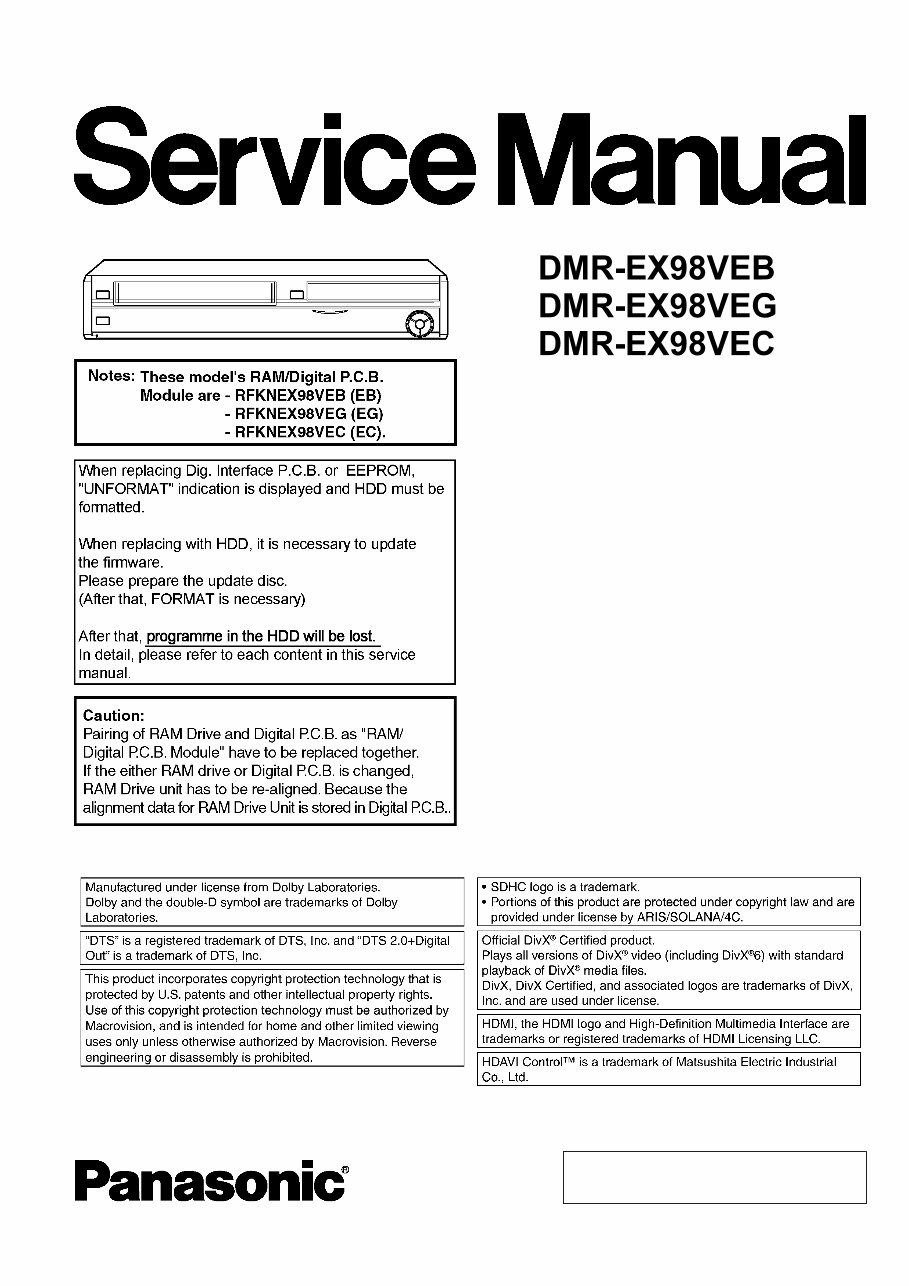 Panasonic DMR-EX98V EX98VEB EX98VEG EX98VEC Service Manual and Repair Guide preview img 1