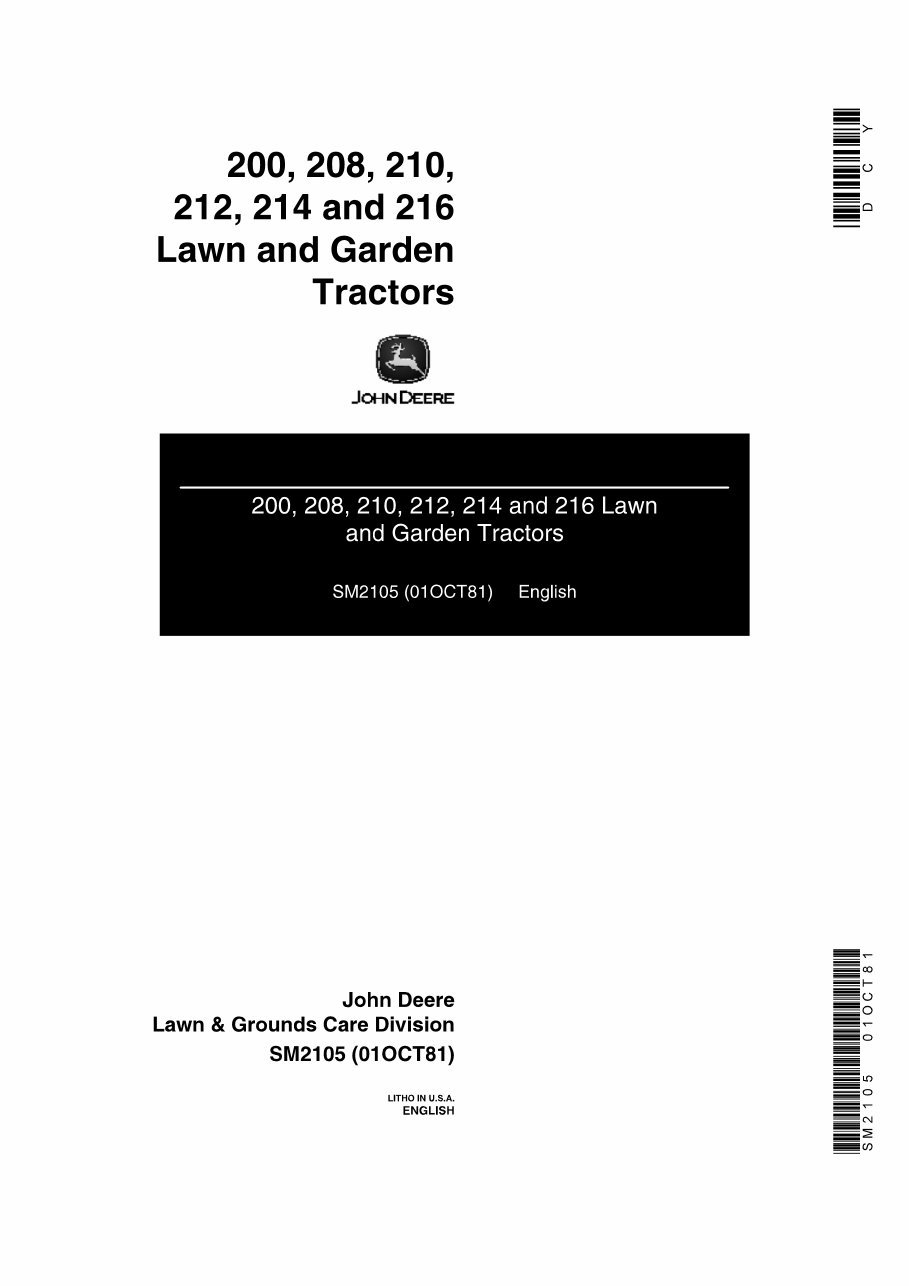 John Deere 200 / 208 / 210 / 212 / 214 / 216 Lawn Garden Tractor OEM Service & Repair Manual preview img 1